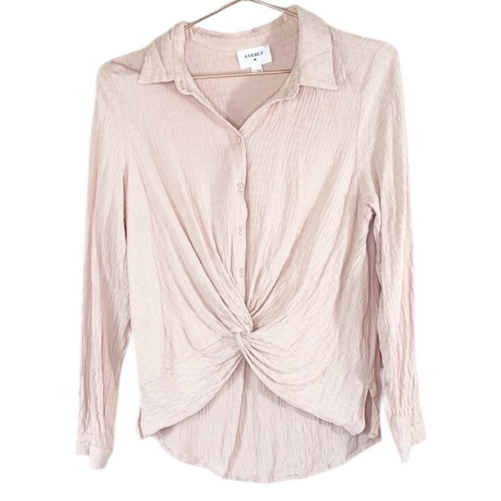 Everly Long Sleeve Crinkle Twist Front Pink Blouse Pink